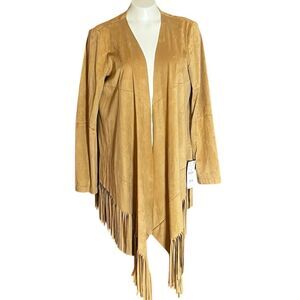 Zara Open Front Fringe Faux Suede Long Sleeve‎ Jacket Sz L NWT